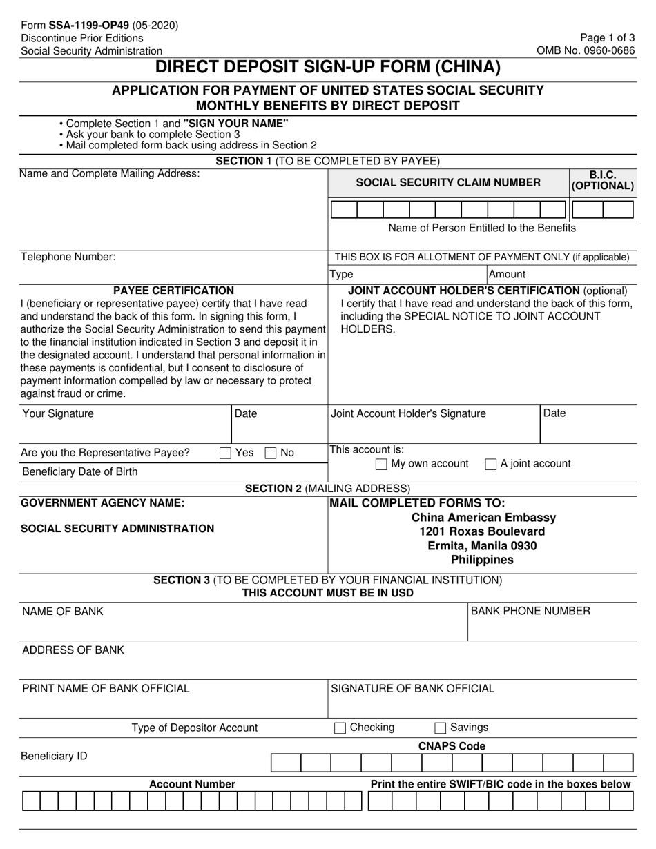 Form SSA-1199-OP49 Direct Deposit Sign-Up Form (China), Page 1