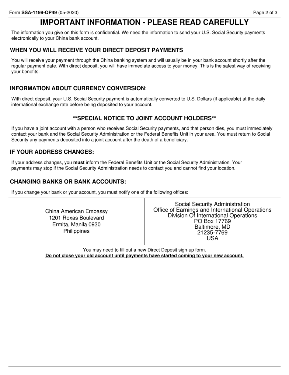 Form SSA-1199-OP49 Direct Deposit Sign-Up Form (China), Page 2