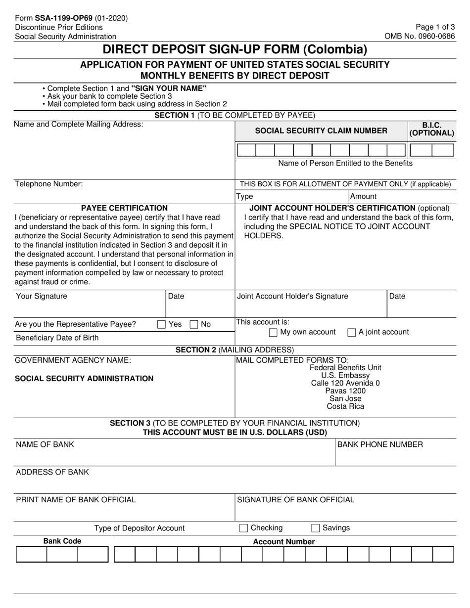 Form SSA-1199-OP69 Direct Deposit Sign-Up Form (Colombia), Page 1