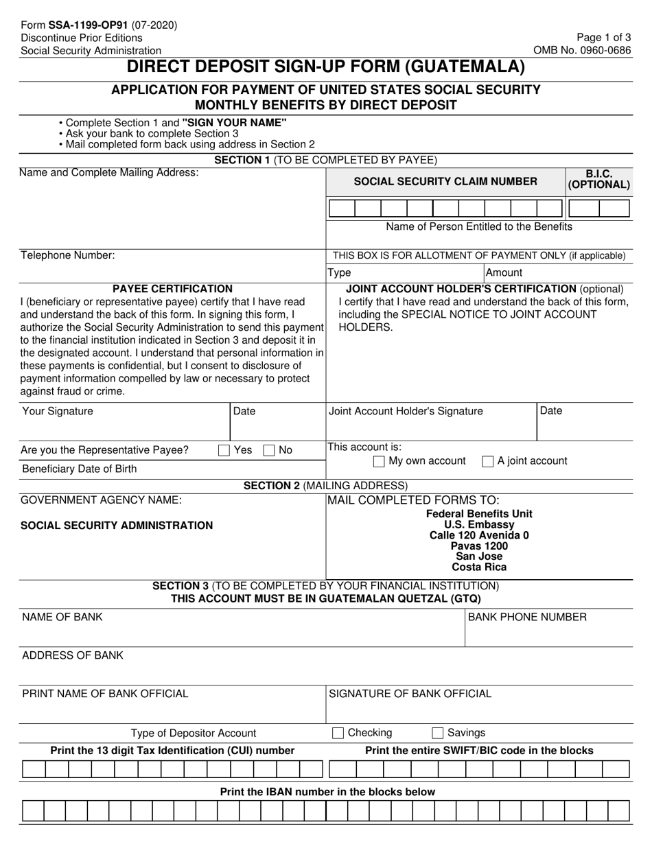 Form SSA-1199-OP91 Direct Deposit Sign-Up Form (Guatemala), Page 1