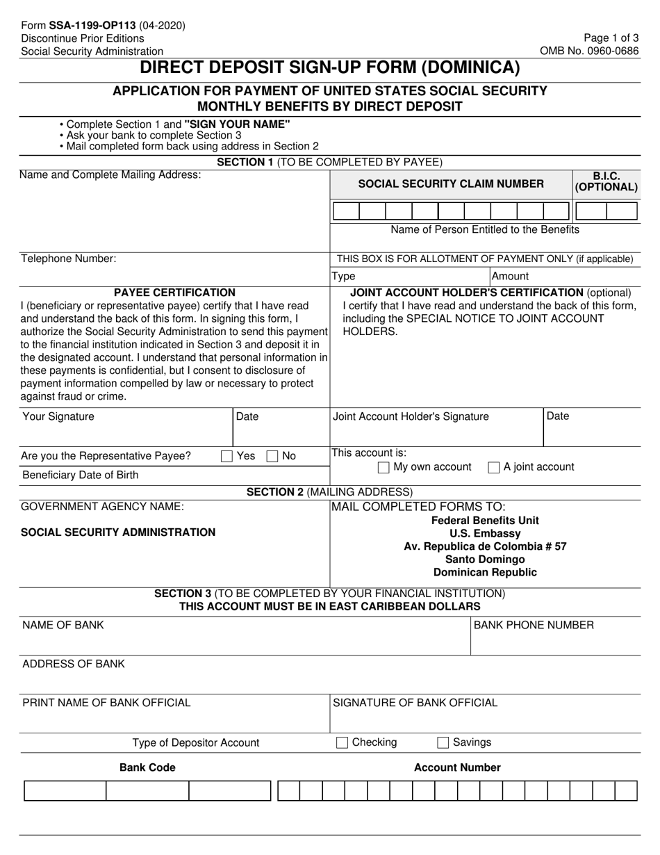 Form SSA-1199-OP113 Direct Deposit Sign-Up Form (Dominica), Page 1