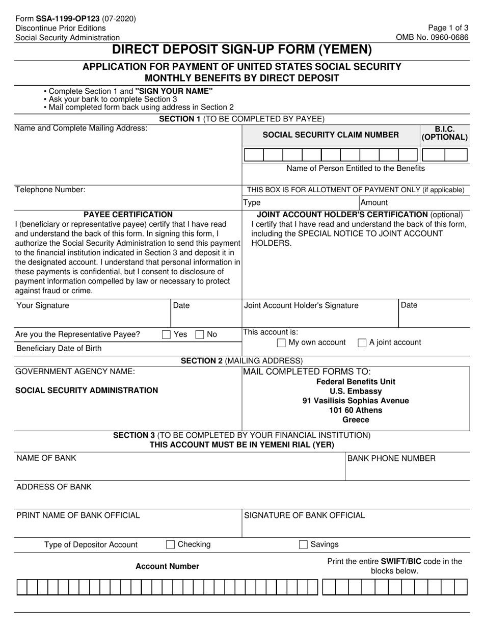 Form SSA-1199-OP123 Direct Deposit Sign-Up Form (Yemen), Page 1