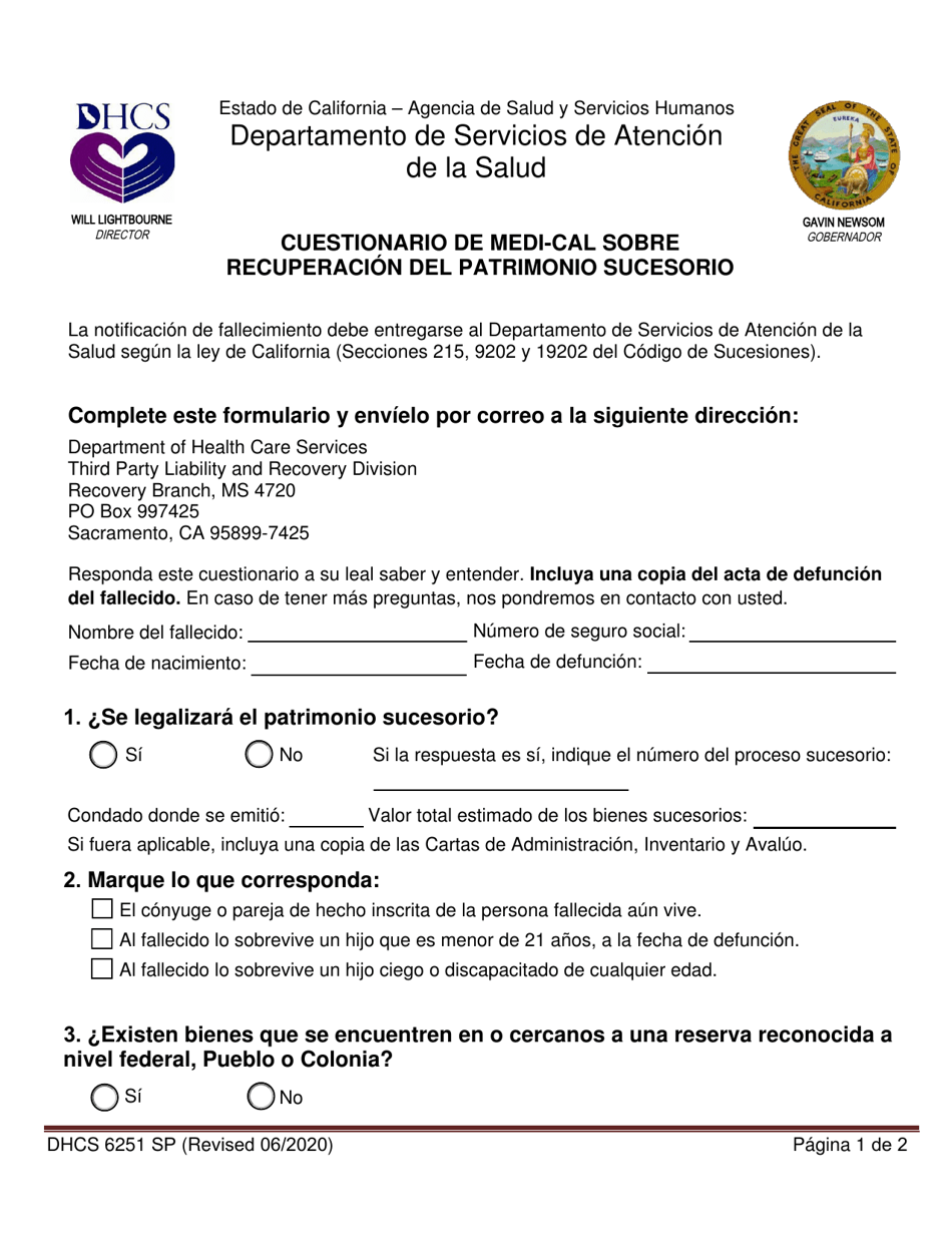 Formulario DHCS6251 SP Cuestionario De Medi-Cal Sobre Recuperacion Del Patrimonio Sucesorio - California (Spanish), Page 1