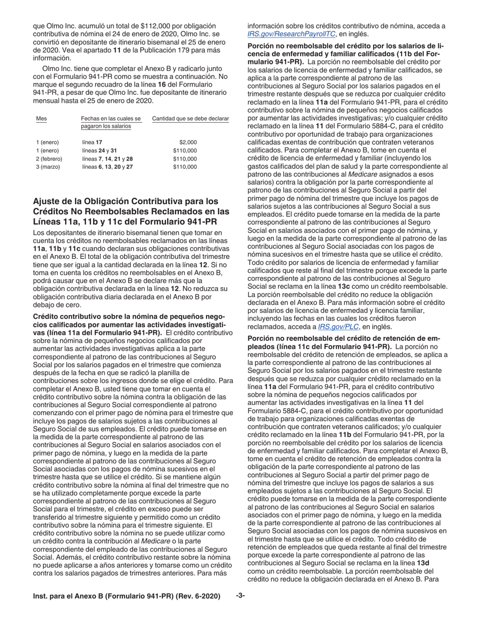 Instrucciones para IRS Formulario 941-PR Anexo B Registro De La Obligacion Contributiva Para Los Depositantes De Itinerario Bisemanal (Puerto Rican Spanish), Page 3