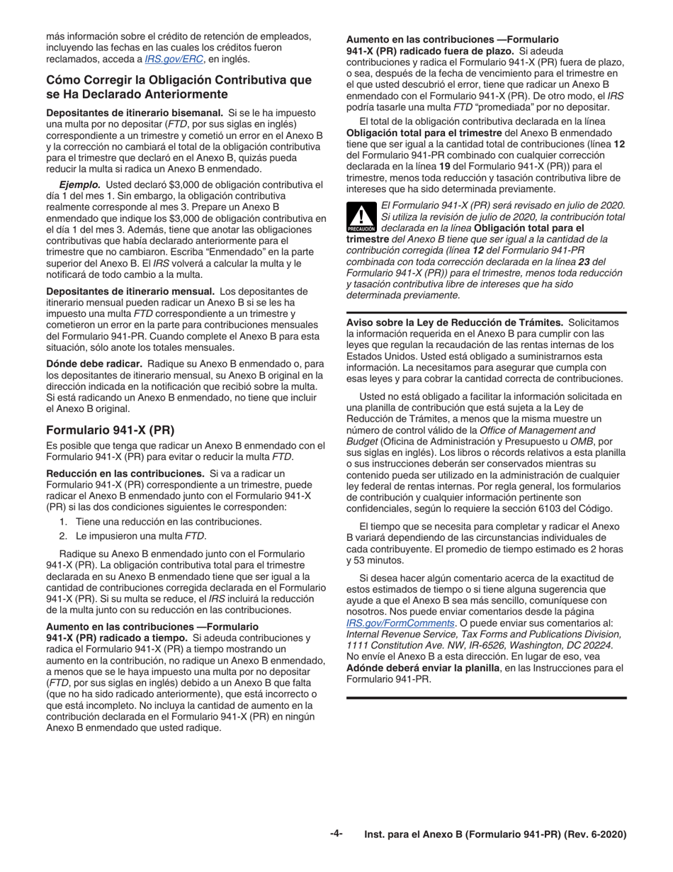 Instrucciones para IRS Formulario 941-PR Anexo B Registro De La Obligacion Contributiva Para Los Depositantes De Itinerario Bisemanal (Puerto Rican Spanish), Page 4