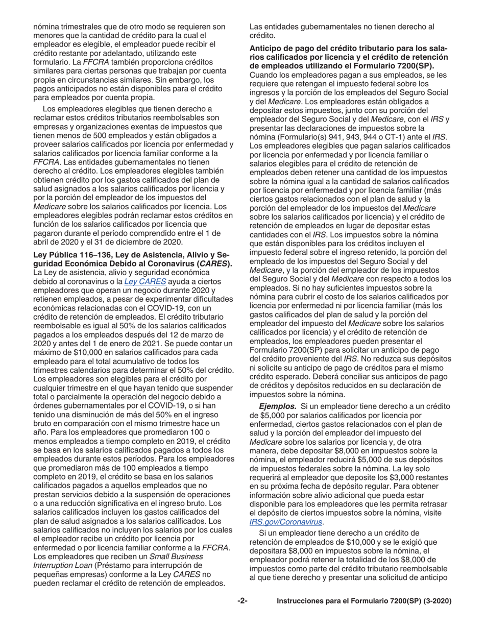 Instrucciones para IRS Formulario 7200(SP) Anticipo De Pago De Creditos Del Empleador Debido Al Covid-19 (Spanish), Page 4