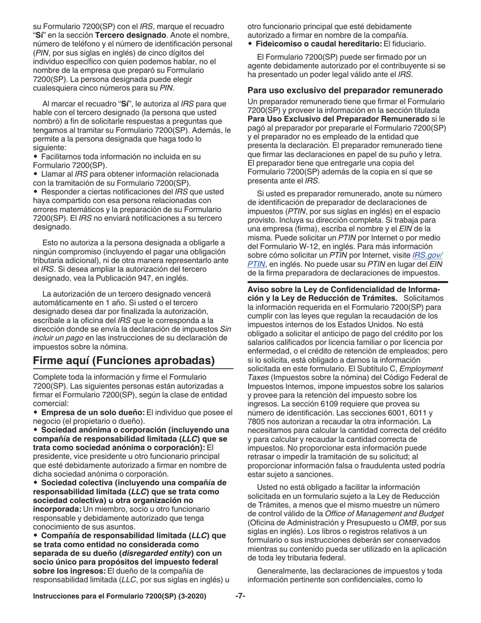Instrucciones para IRS Formulario 7200(SP) Anticipo De Pago De Creditos Del Empleador Debido Al Covid-19 (Spanish), Page 9