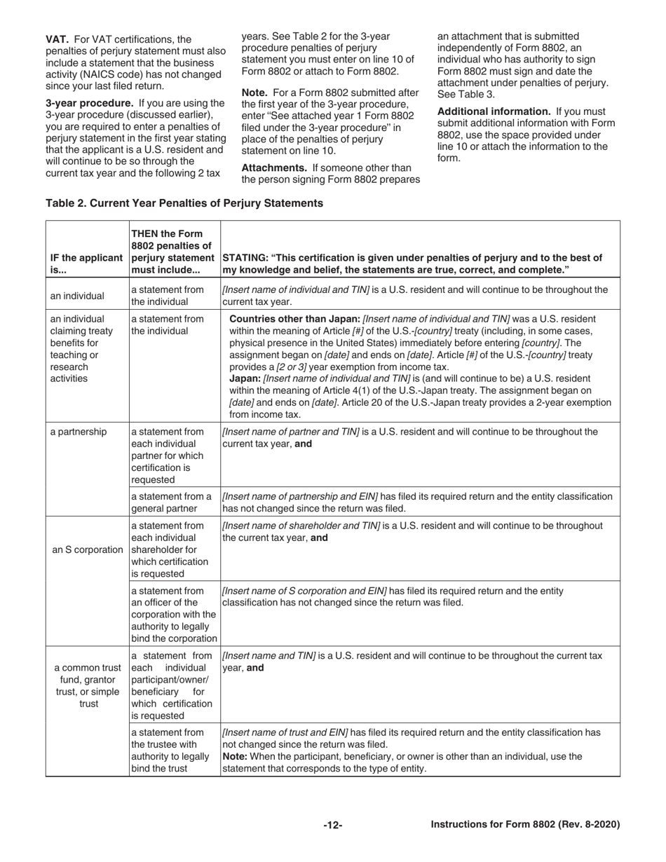 Instructions for IRS Form 8802 Application for United States Residency Certification, Page 12