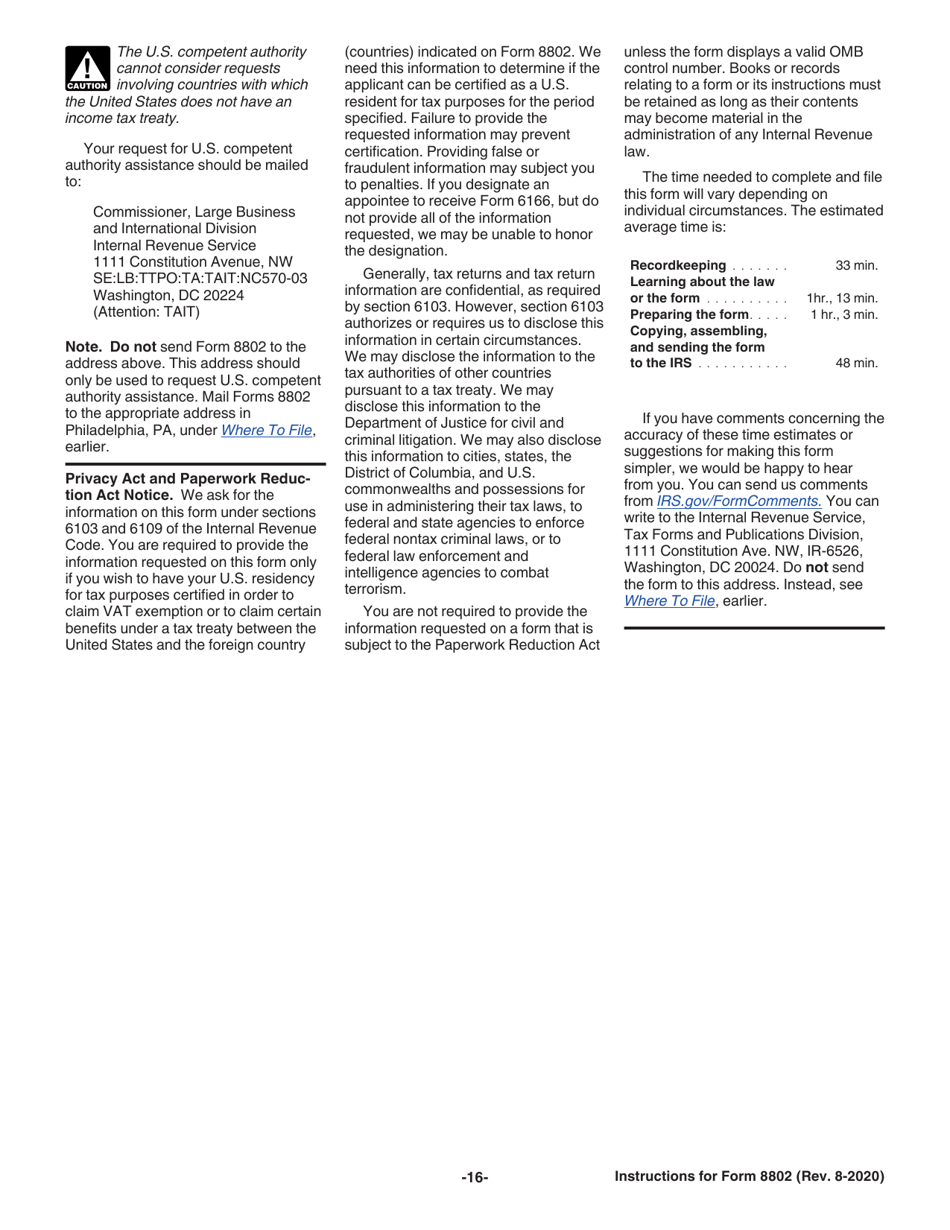 Instructions for IRS Form 8802 Application for United States Residency Certification, Page 16