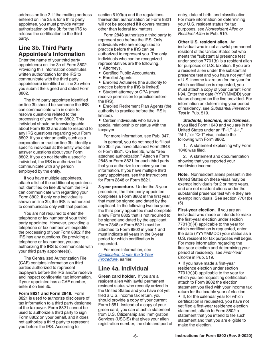 Instructions for IRS Form 8802 Application for United States Residency Certification, Page 6