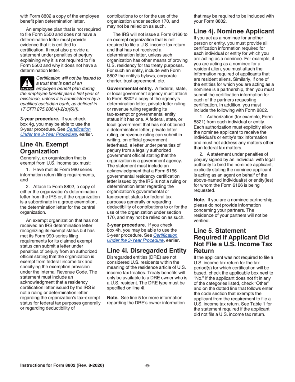 Instructions for IRS Form 8802 Application for United States Residency Certification, Page 9