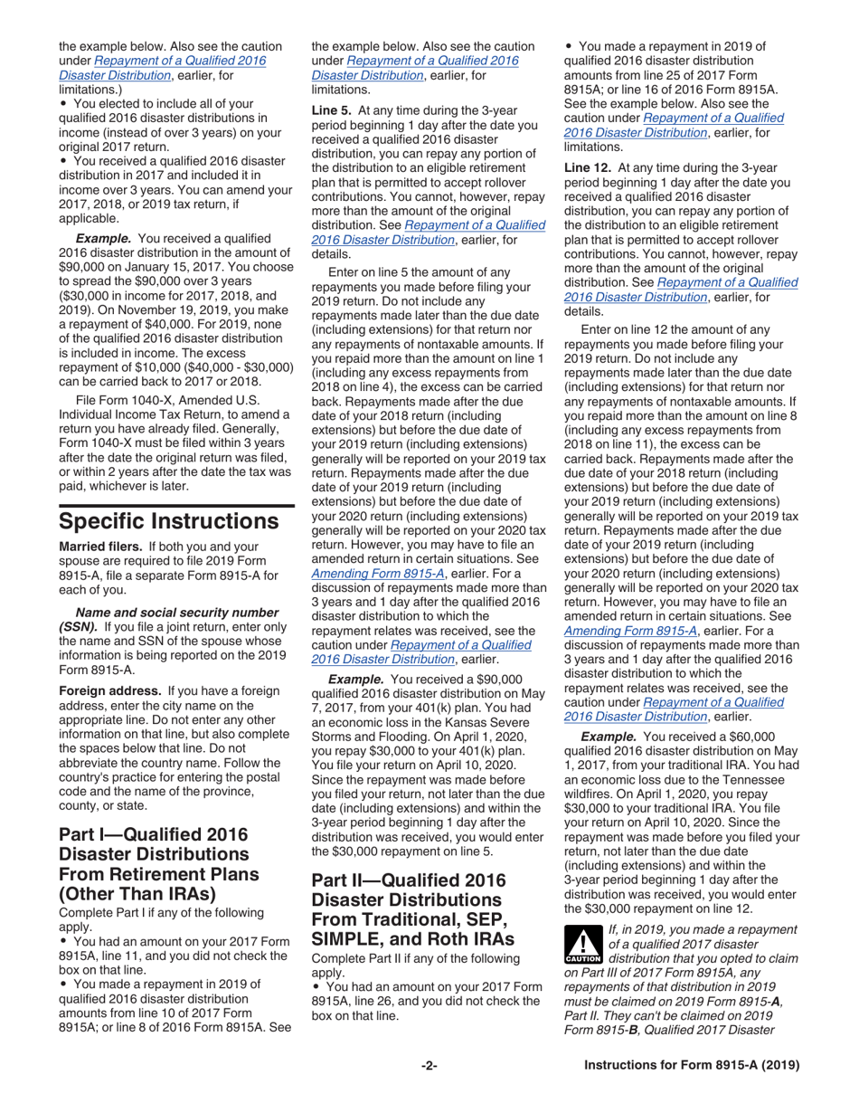 Instructions for IRS Form 8915-A Qualified 2016 Disaster Retirement Plan Distributions and Repayments, Page 2