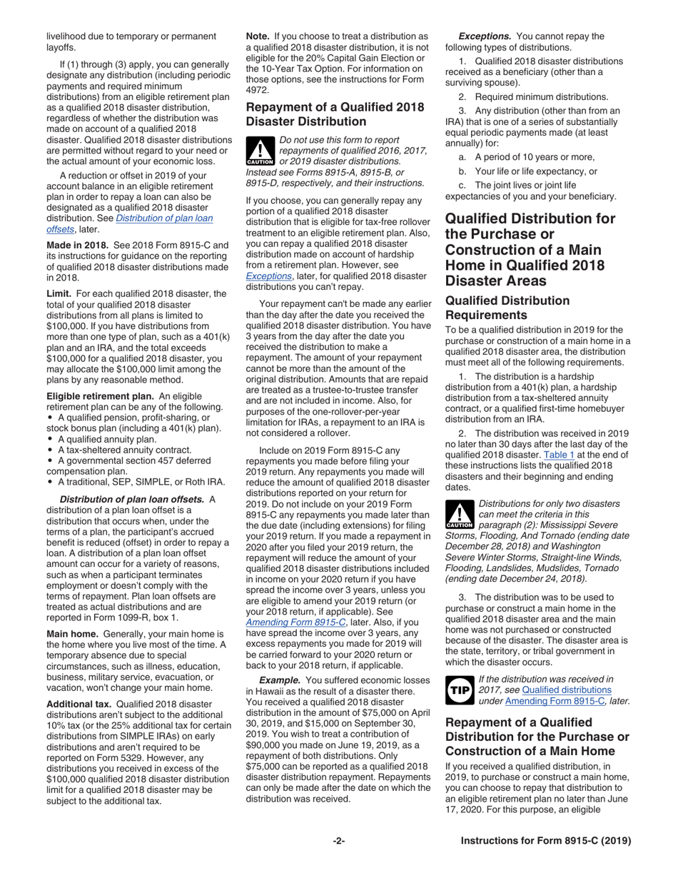 Instructions for IRS Form 8915-C Qualified 2018 Disaster Retirement Plan Distributions and Repayments, Page 2