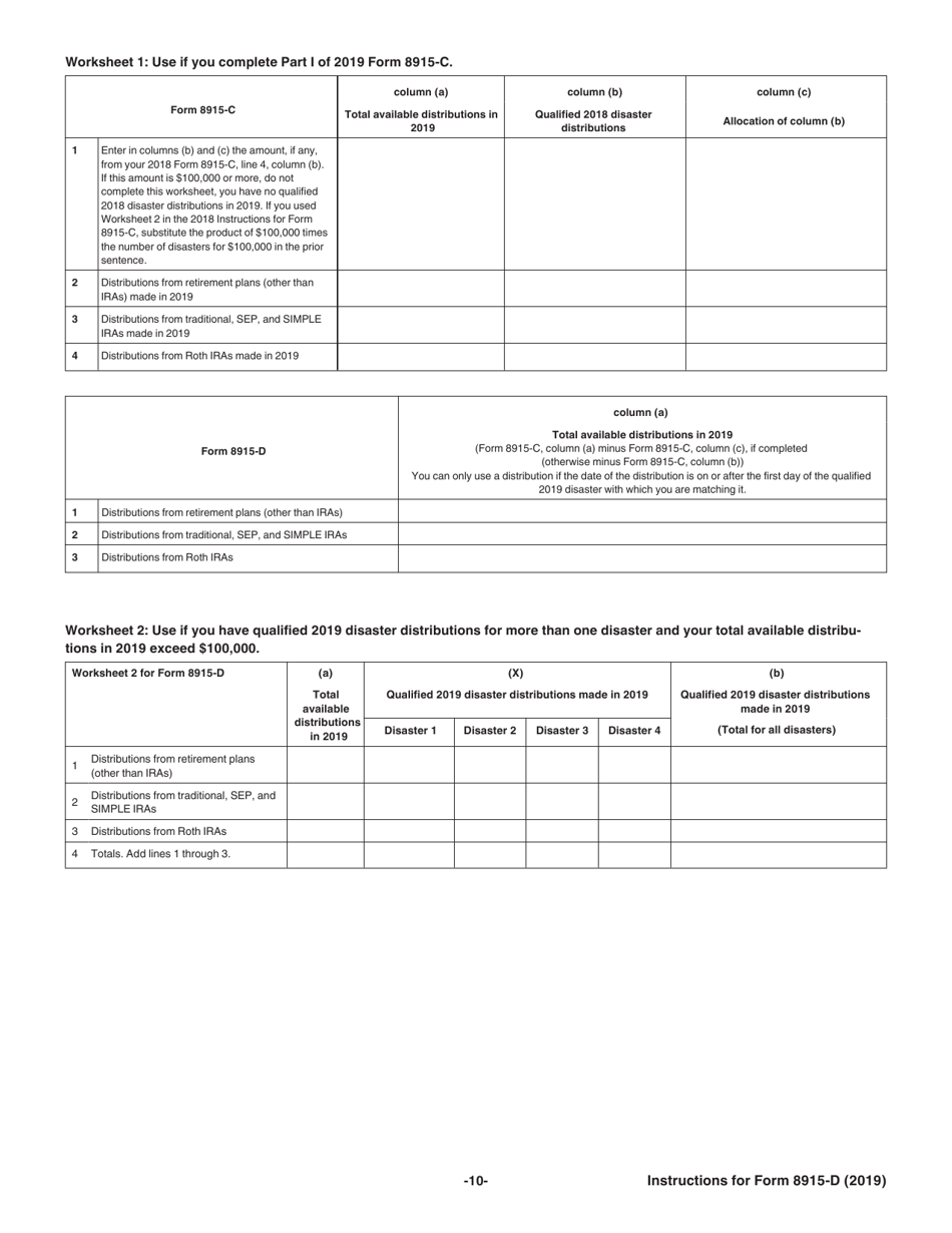 Instructions for IRS Form 8915-D Qualified 2019 Disaster Retirement Plan Distributions and Repayments, Page 10