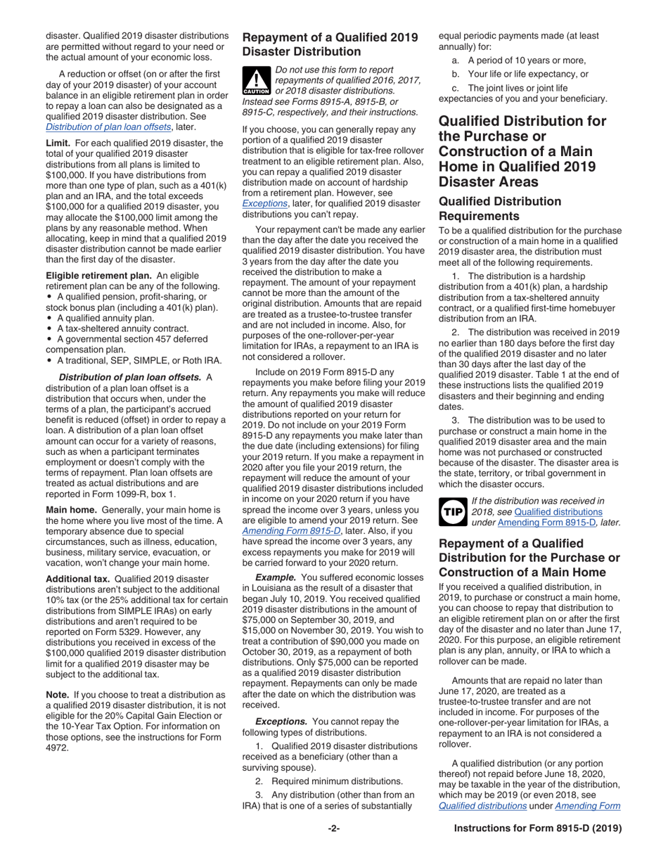 Instructions for IRS Form 8915-D Qualified 2019 Disaster Retirement Plan Distributions and Repayments, Page 2
