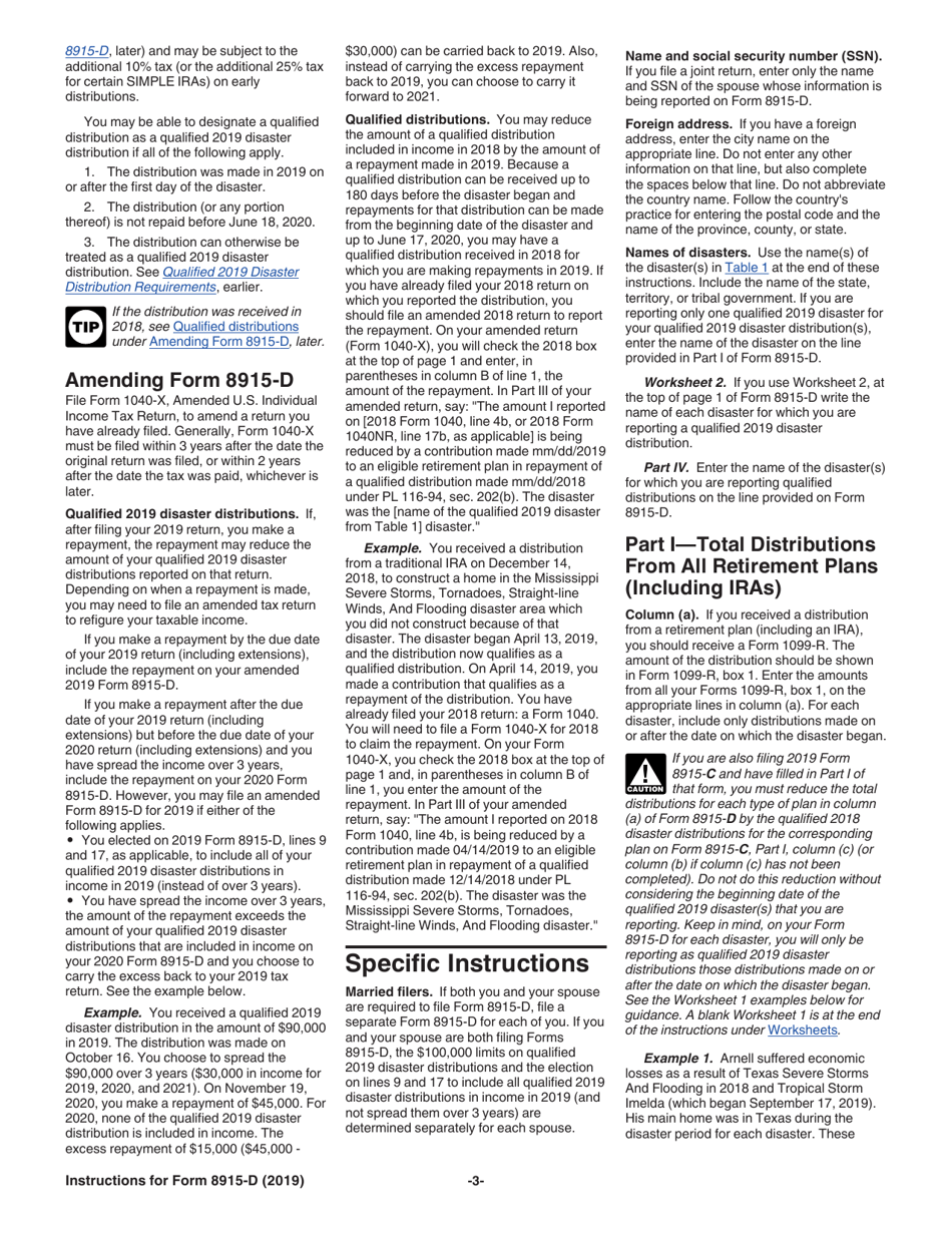 Instructions for IRS Form 8915-D Qualified 2019 Disaster Retirement Plan Distributions and Repayments, Page 3