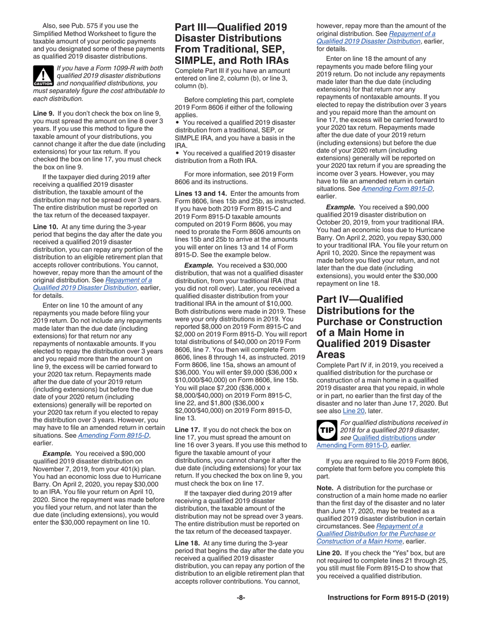 Instructions for IRS Form 8915-D Qualified 2019 Disaster Retirement Plan Distributions and Repayments, Page 8