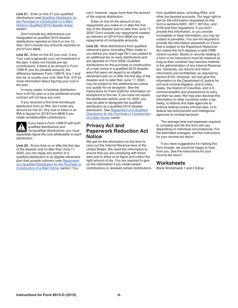 Instructions for IRS Form 8915-D Qualified 2019 Disaster Retirement Plan Distributions and Repayments, Page 9