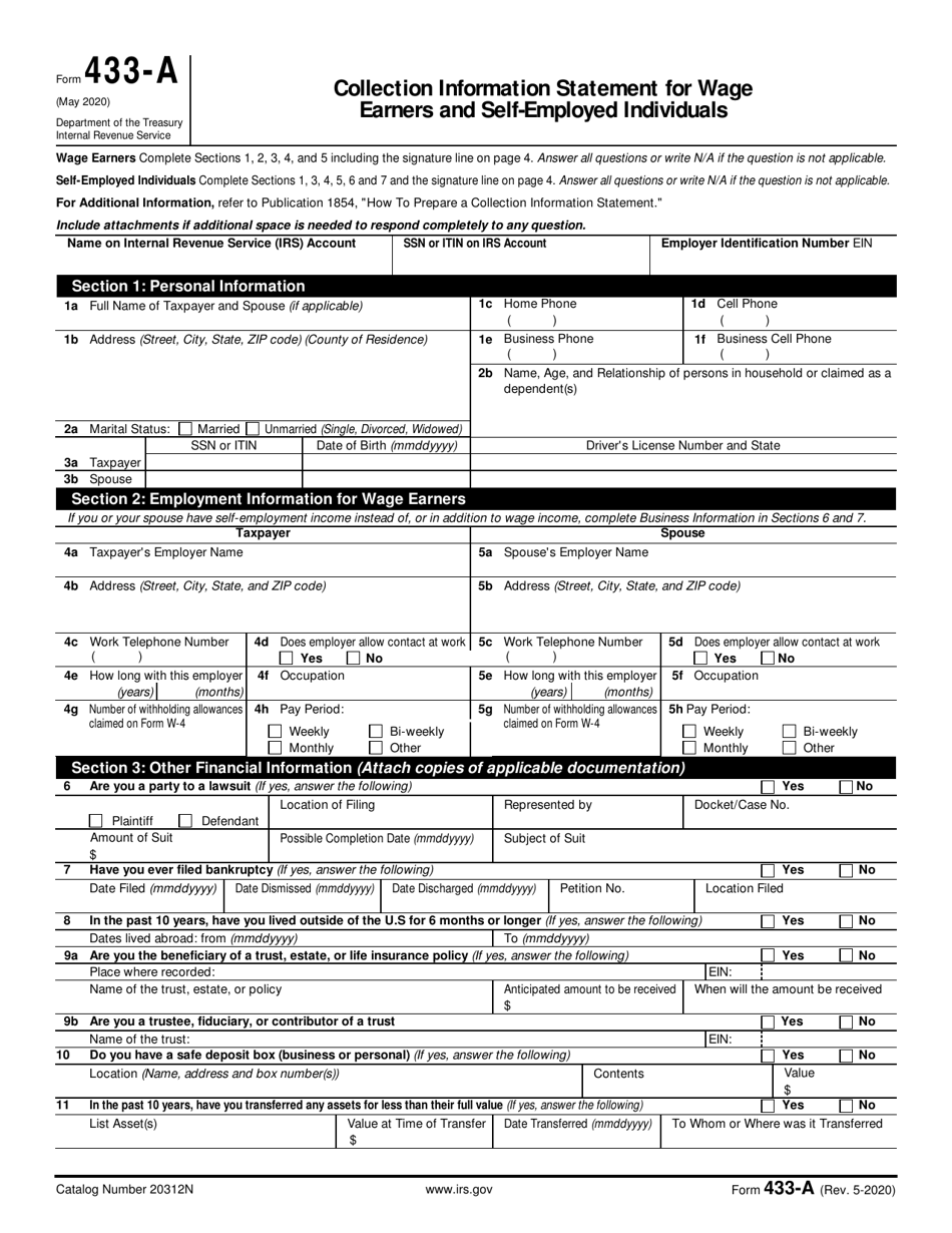 IRS Form 433-A Collection Information Statement for Wage Earners and Self-employed Individuals, Page 1