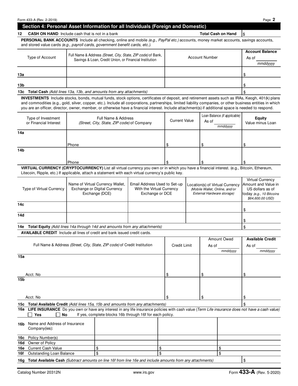 IRS Form 433-A Collection Information Statement for Wage Earners and Self-employed Individuals, Page 2