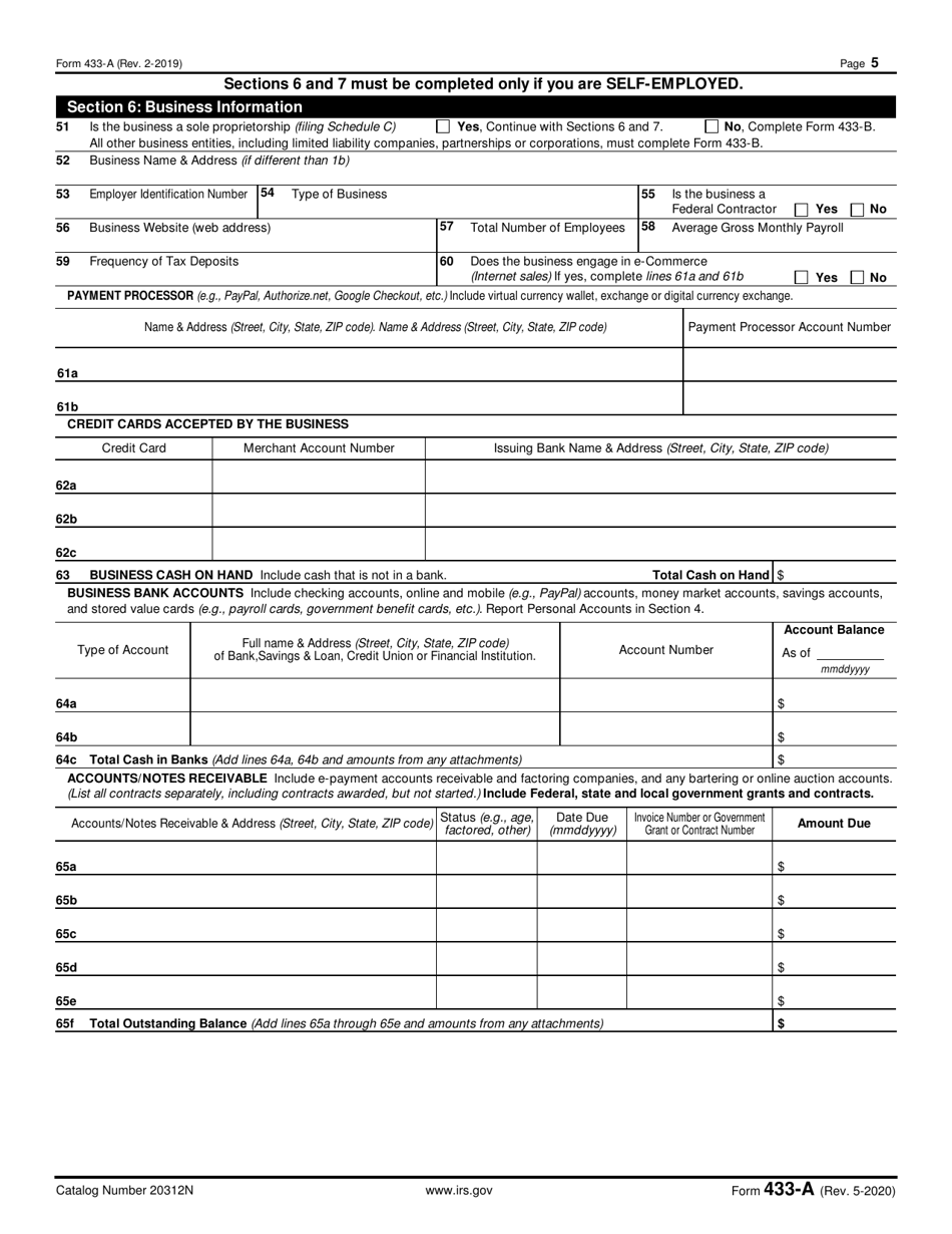 IRS Form 433-A Collection Information Statement for Wage Earners and Self-employed Individuals, Page 5