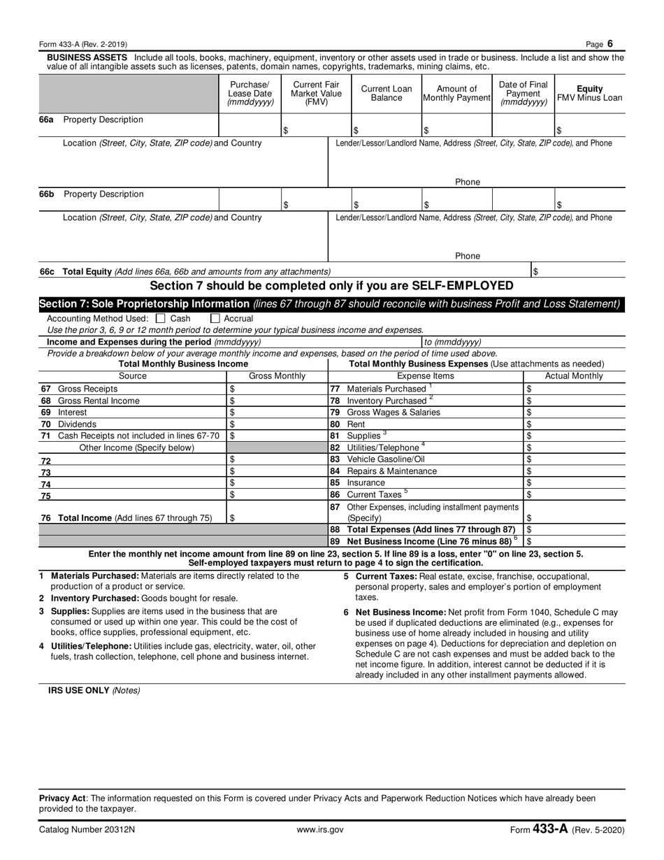 IRS Form 433-A Collection Information Statement for Wage Earners and Self-employed Individuals, Page 6