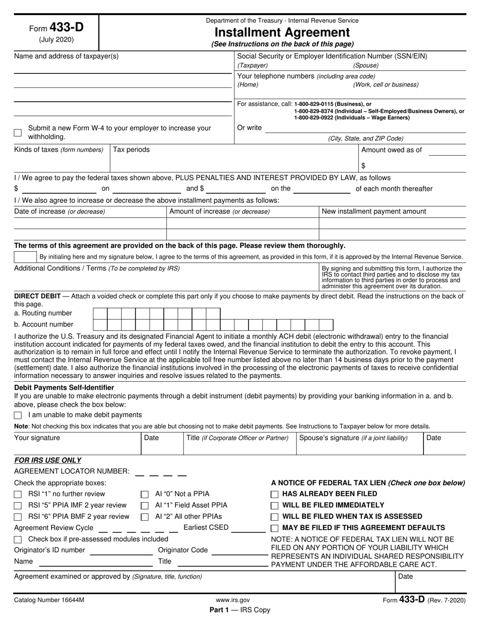 IRS Form 433-D Installment Agreement, Page 1