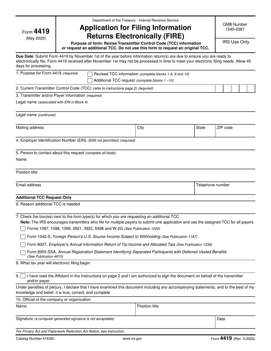 IRS Form 4419 Application for Filing Information Returns Electronically (Fire), Page 1