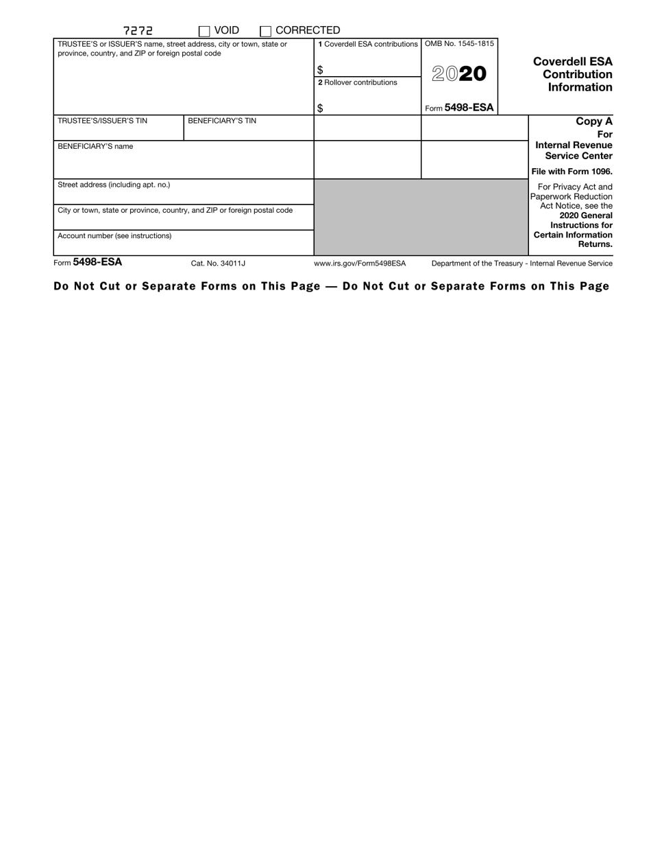 IRS Form 5498-ESA Coverdell Esa Contribution Information, Page 1