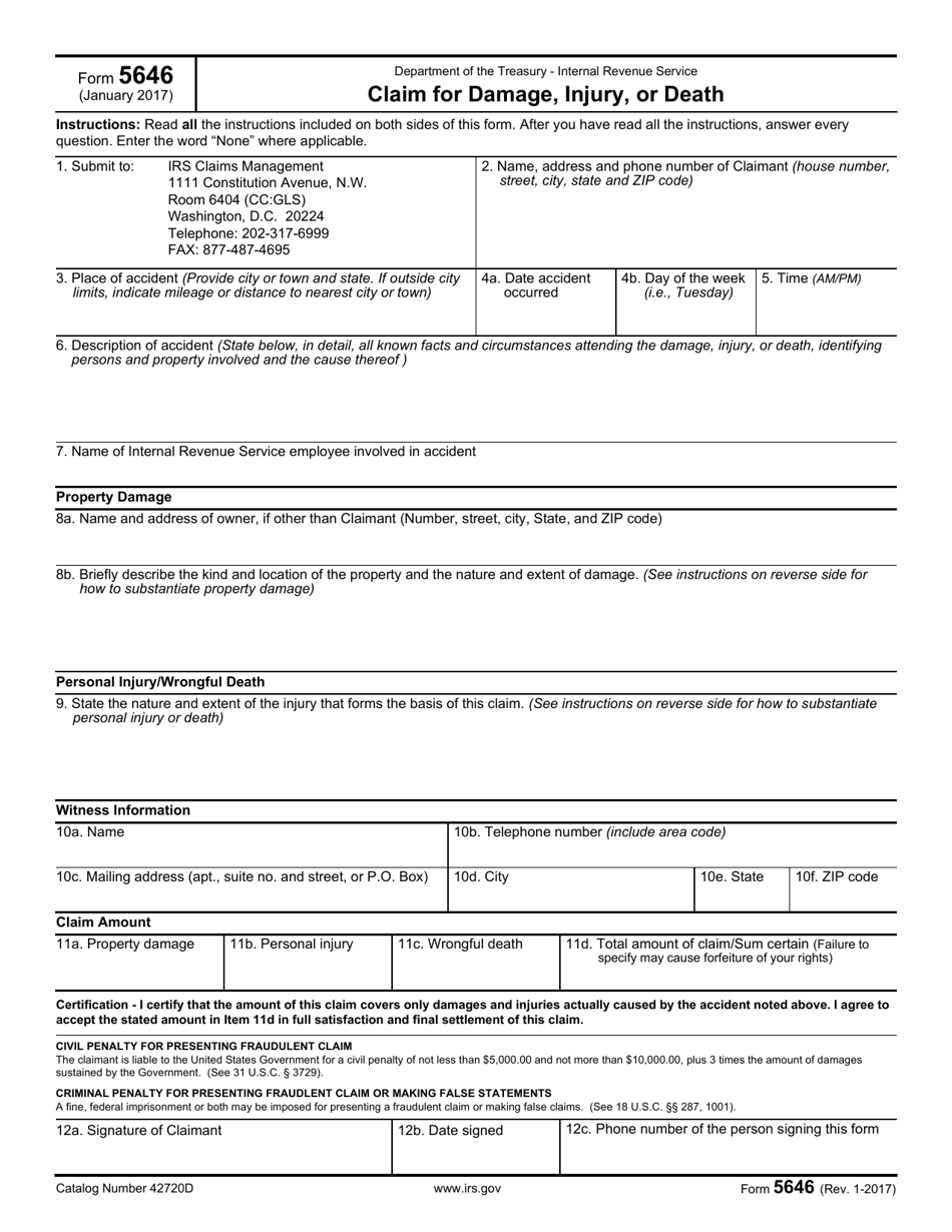 IRS Form 5646 Claim for Damage, Injury, or Death, Page 1