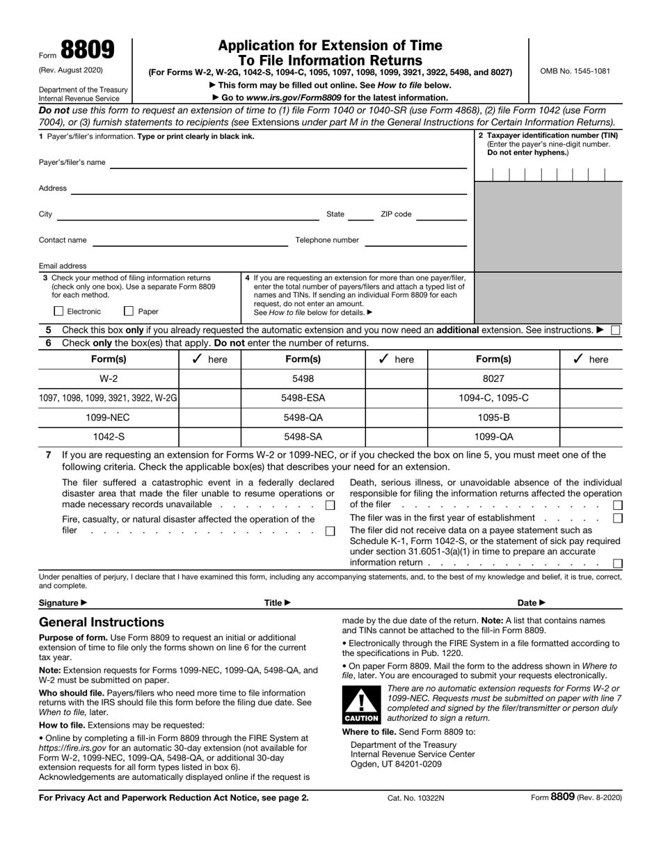 IRS Form 8809 Application for Extension of Time to File Information Returns, Page 1