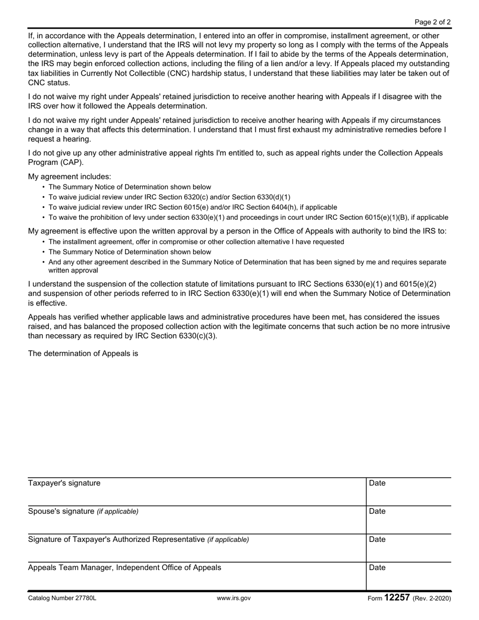 IRS Form 12257 Summary Notice of Determination, Waiver of Right to Judicial Review of a Collection Due Process Determination, and Waiver of Levy Prohibition, Page 2