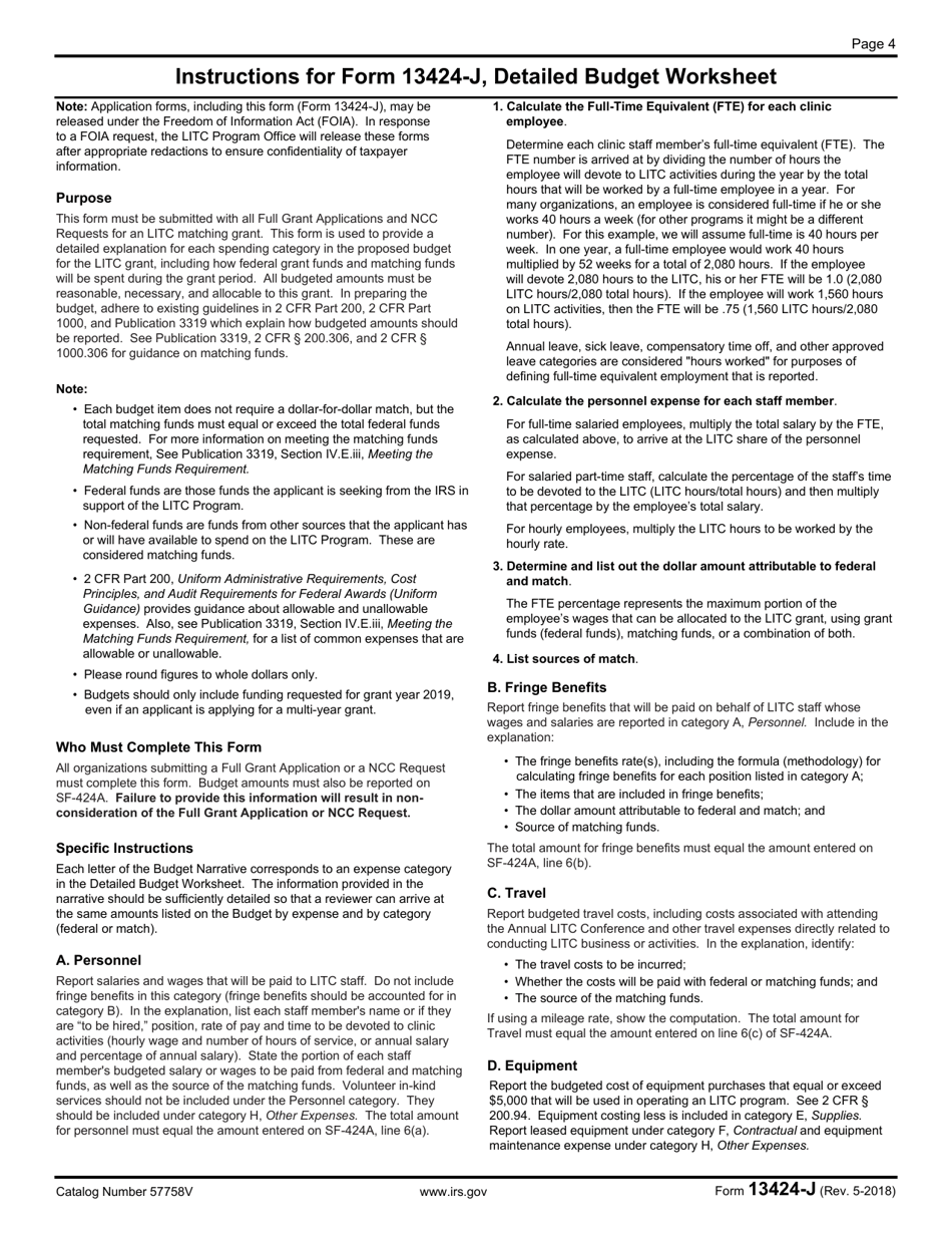 IRS Form 13424-J Detailed Budget Worksheet, Page 4
