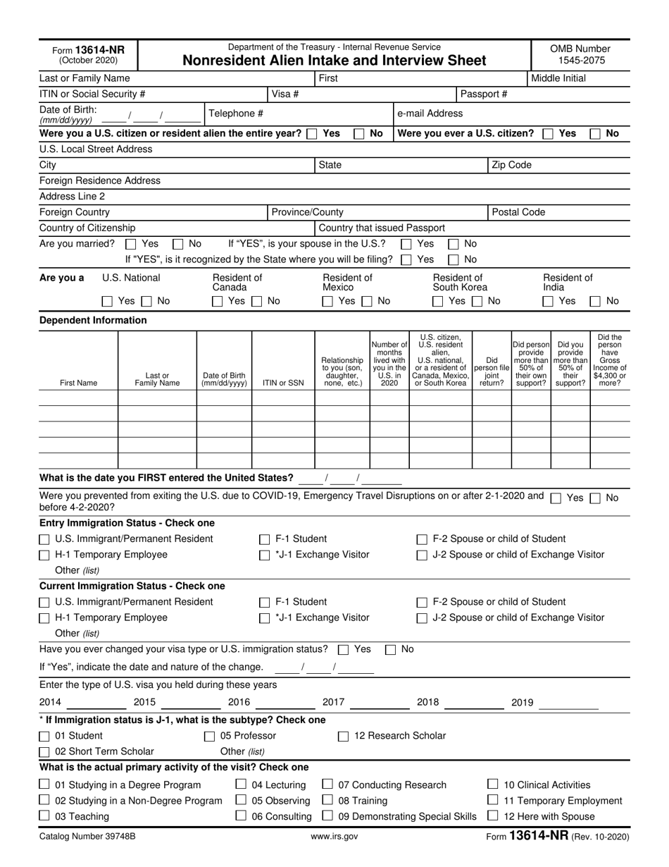 IRS Form 13614-NR - Fill Out, Sign Online And Download Fillable PDF ...