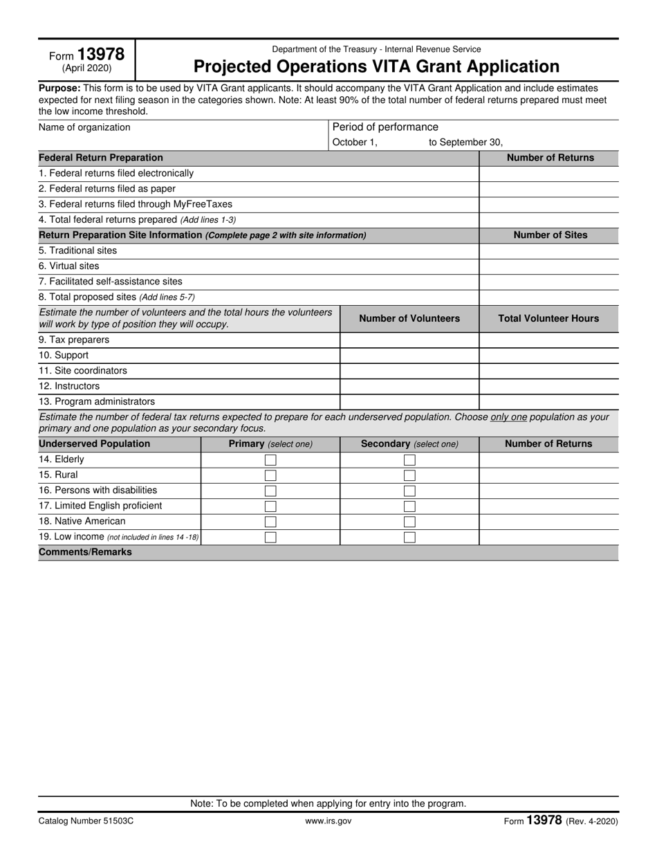IRS Form 13978 Projected Operations Vita Grant Program Application Plan, Page 1