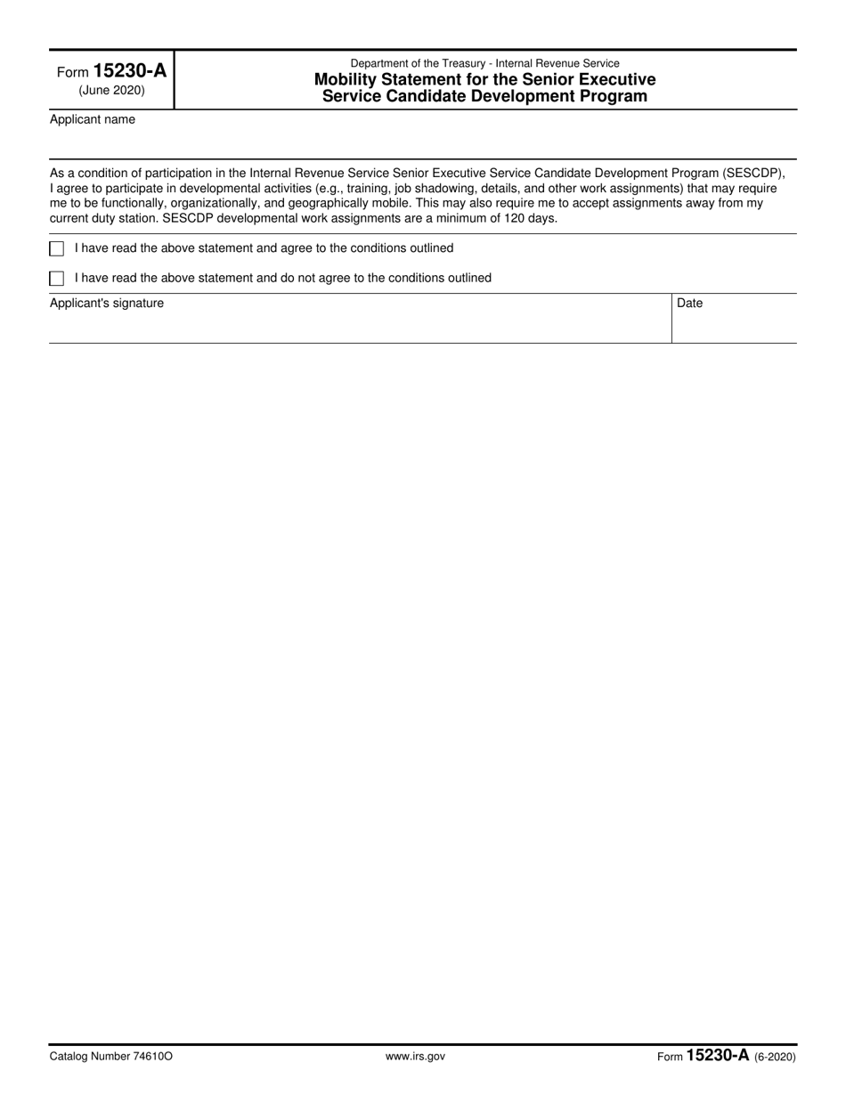 IRS Form 15230-A Mobility Statement for the Senior Executive Service Candidate Development Program, Page 1