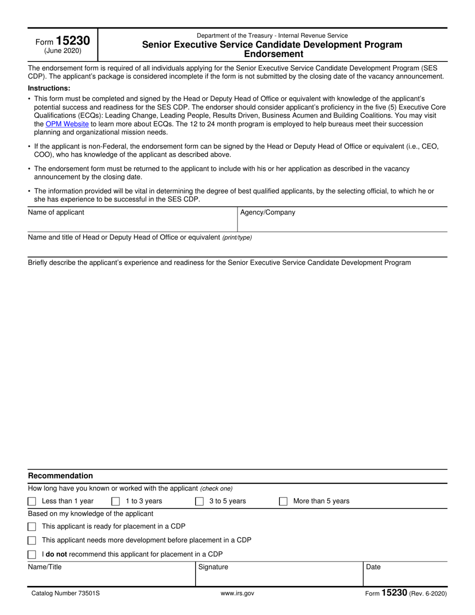 IRS Form 15230 Senior Executive Service Candidate Development Program Endorsement, Page 1