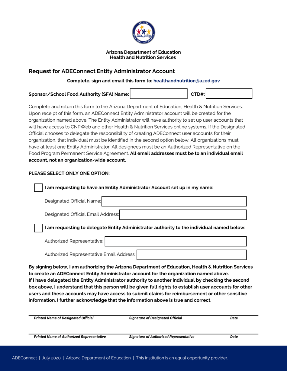 Request for Adeconnect Entity Administrator Account - Arizona, Page 1