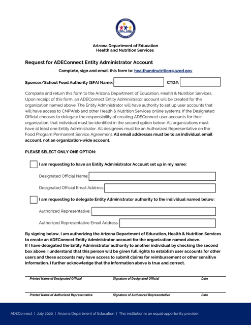 Request for Adeconnect Entity Administrator Account - Arizona Download Pdf