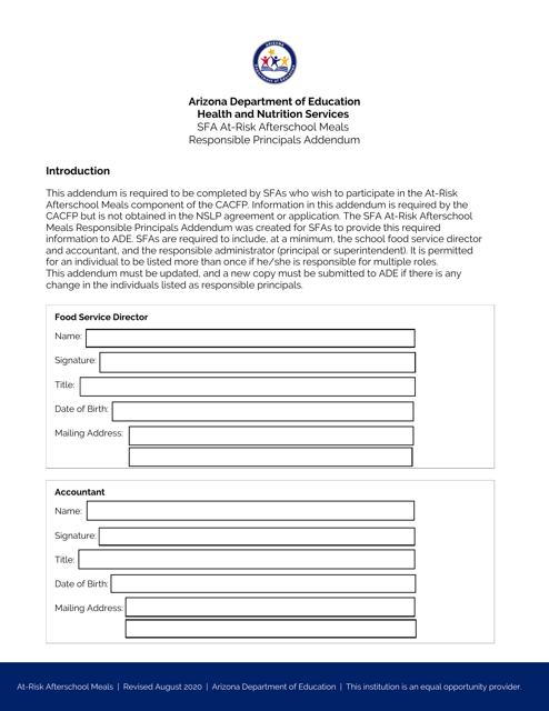 SFA at-Risk Afterschool Meals Responsible Principals Addendum - Arizona Download Pdf