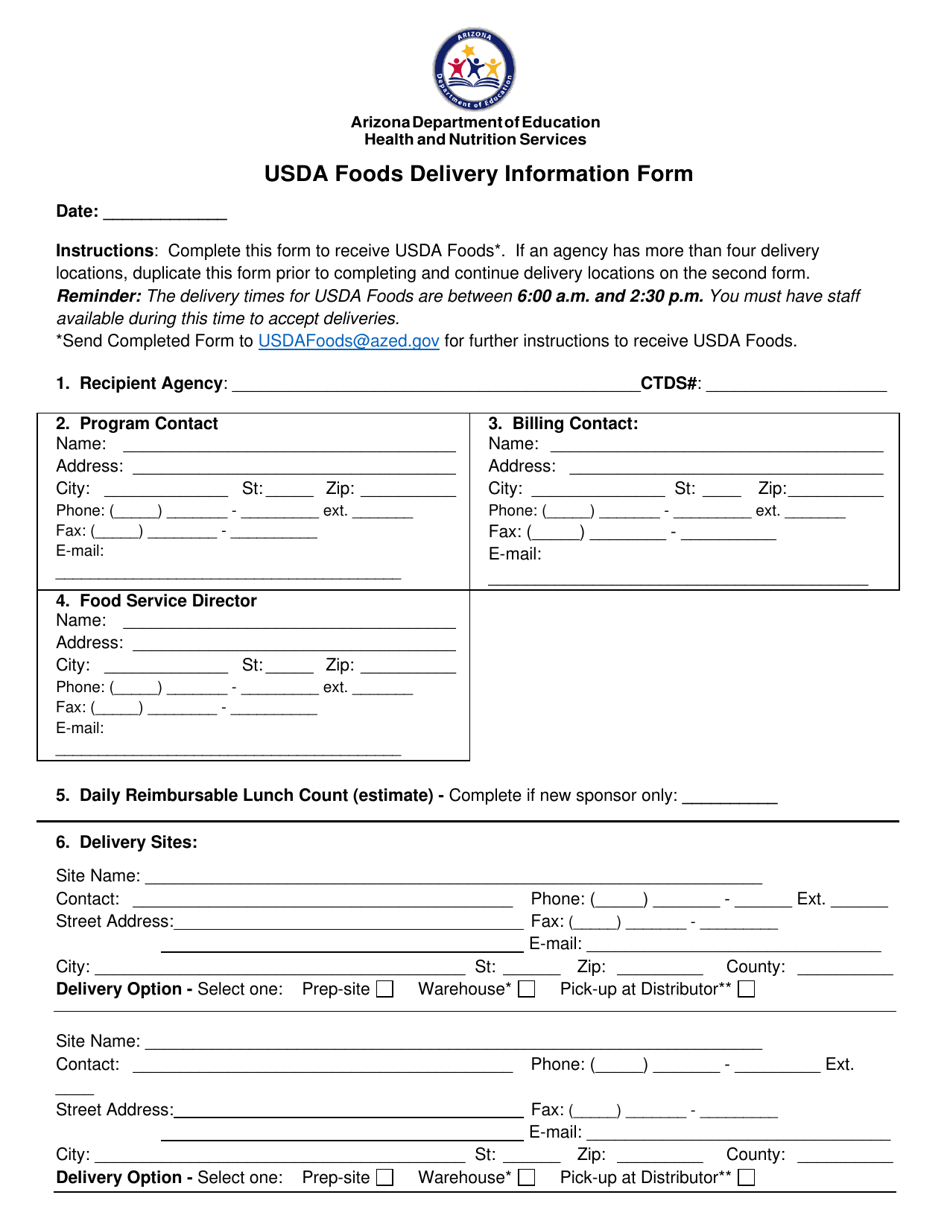 Usda Foods Delivery Information Form - Arizona, Page 1