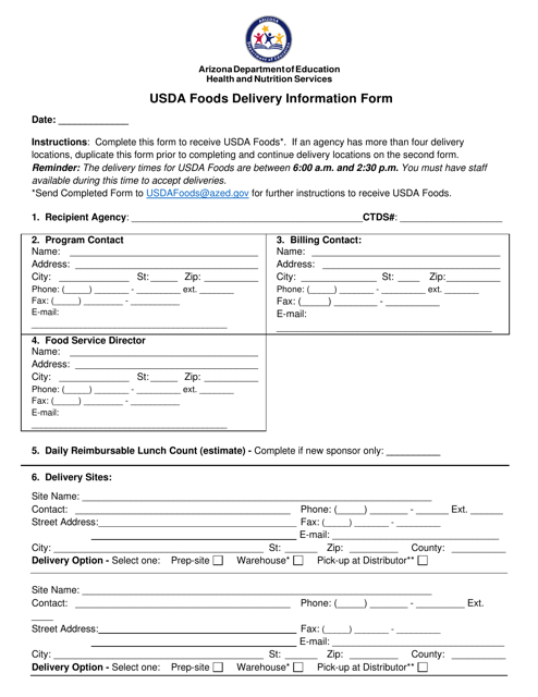 Usda Foods Delivery Information Form - Arizona