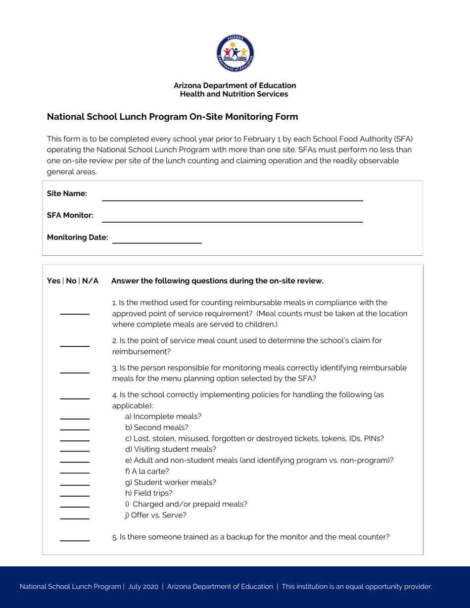 National School Lunch Program on-Site Monitoring Form - Arizona, Page 1