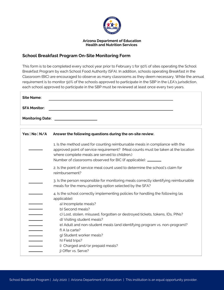 School Breakfast Program on-Site Monitoring Form - Arizona, Page 1
