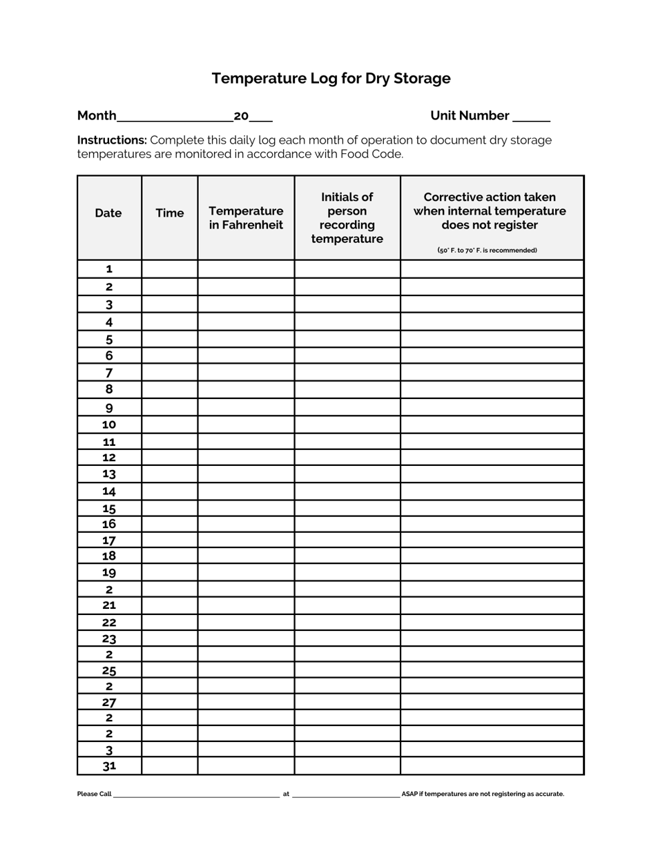 Arizona Temperature Log For Dry Storage Fill Out Sign Online And Download PDF Templateroller