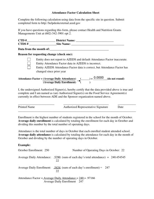 Attendance Factor Calculation Sheet - Arizona