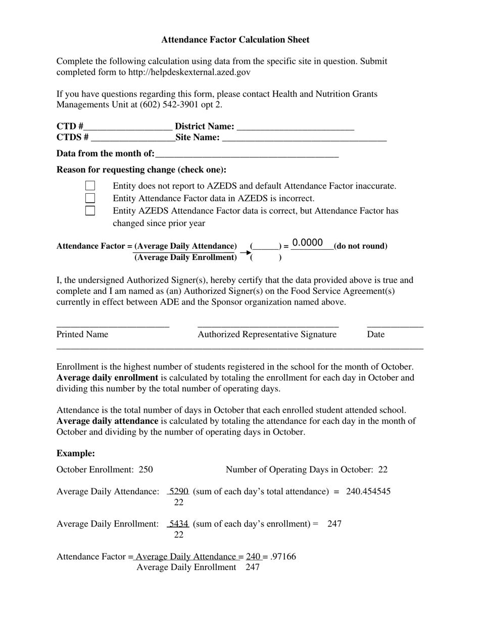 Attendance Factor Calculation Sheet - Arizona, Page 1