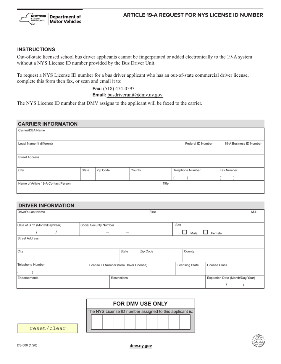 Form DS-500 Article 19-a Request for NYS License Id Number - New York, Page 1