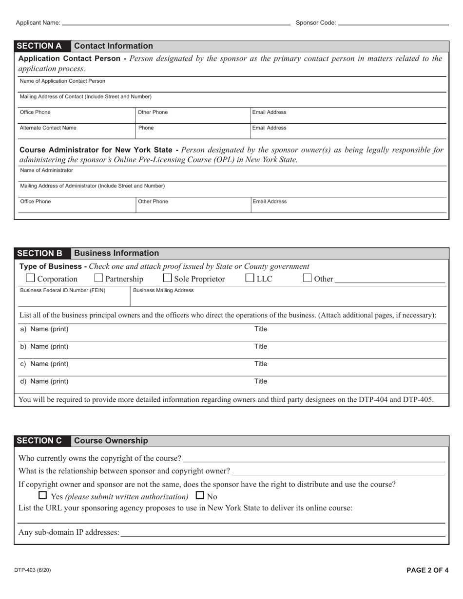 Form DTP-403 Online Pre-licensing Program Sponsor Application - New York, Page 2