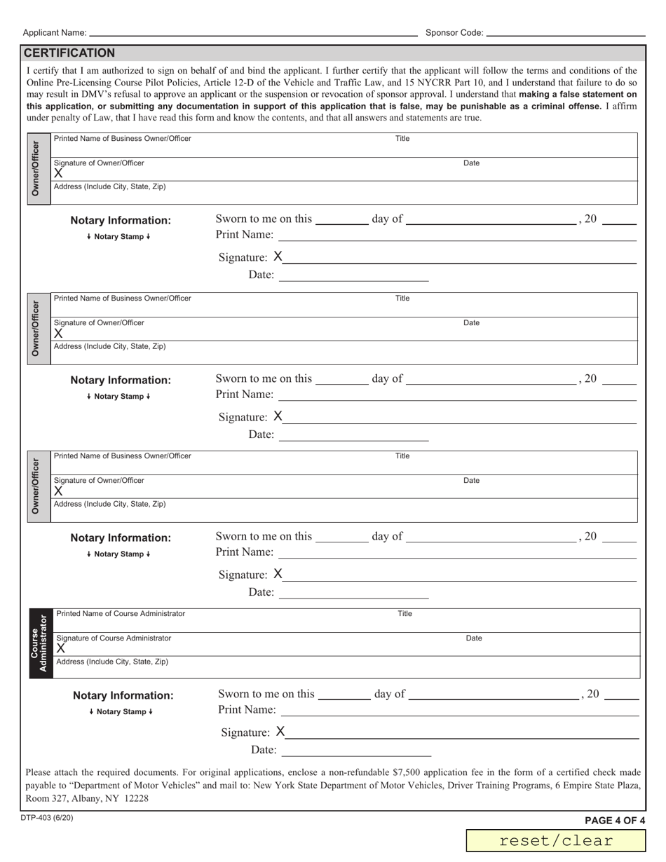 Form DTP-403 Online Pre-licensing Program Sponsor Application - New York, Page 4